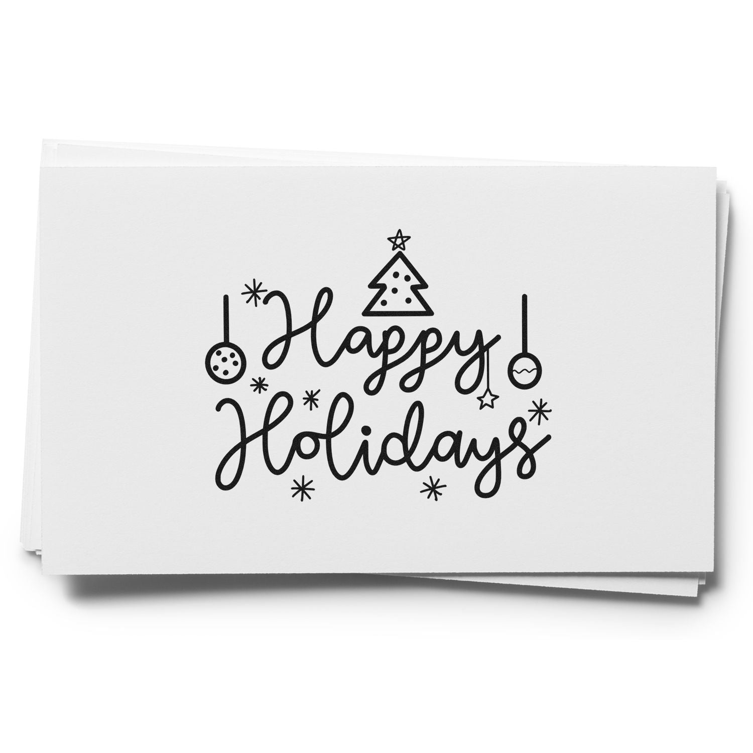 Happy Holidays rubber stamp design with Christmas tree and ornaments for festive greeting cards and holiday crafts.