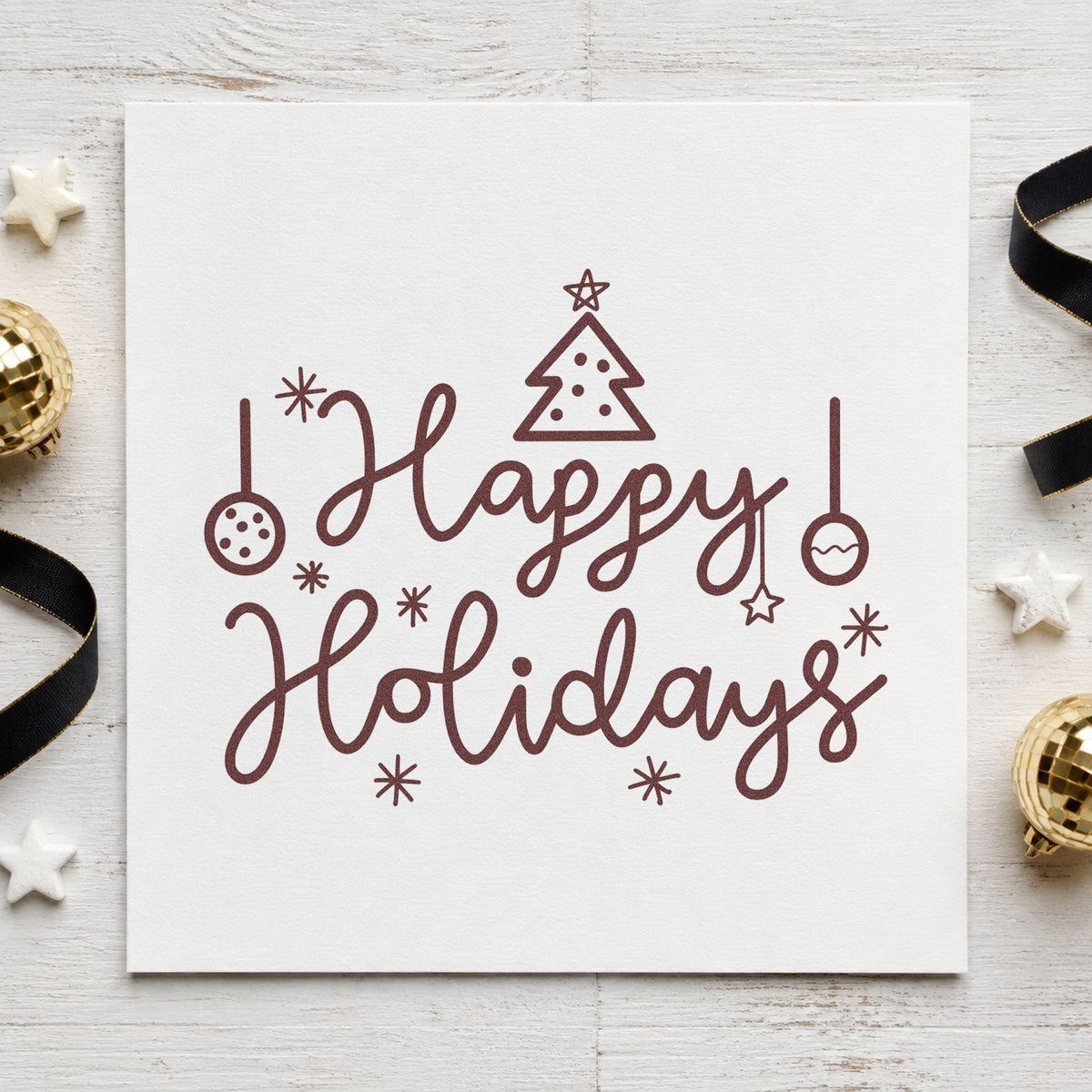 Happy Holidays Tree Ornaments rubber stamp printed in brown ink, ready for setup order sheet and similar paper crafts.