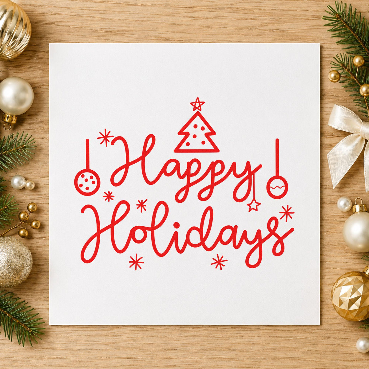 Happy Holidays Tree Ornaments rubber stamp shown in red ink, stamped for projects such as ornament tub labels.