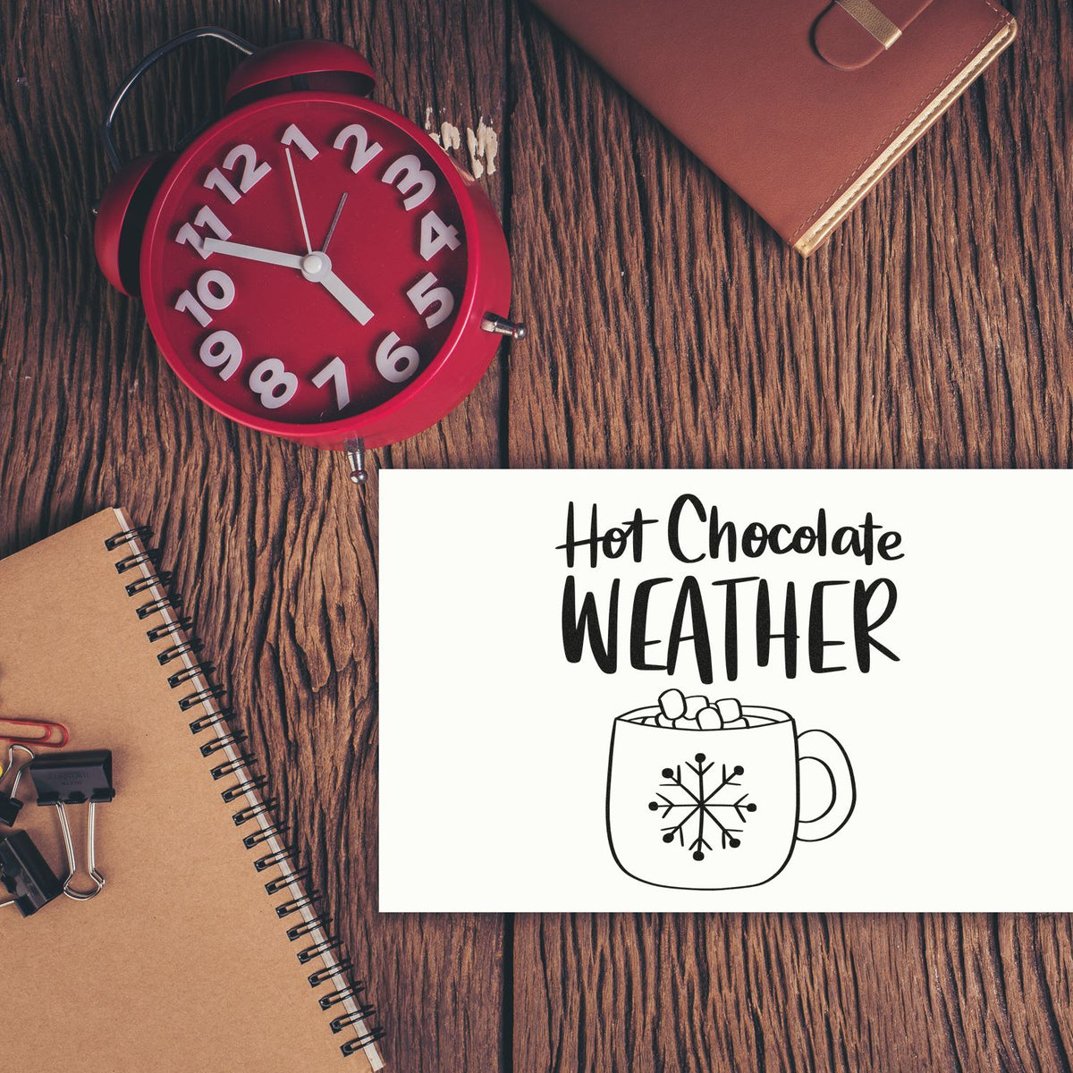 Hot Chocolate Weather Mug Snowflakes Stamp - Premium Vintage Pro Wooden imprint stamped in black ink. The words "Hot chocolate weather" appear above a snowflake mug filled with marshmallows.
