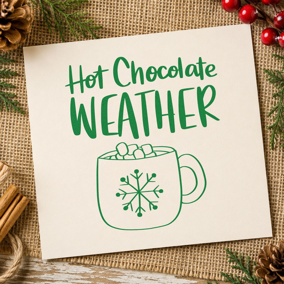 Hot Chocolate Weather Mug craft stamp imprint in green ink on a handmade project, one idea being marshmallow bag tags.