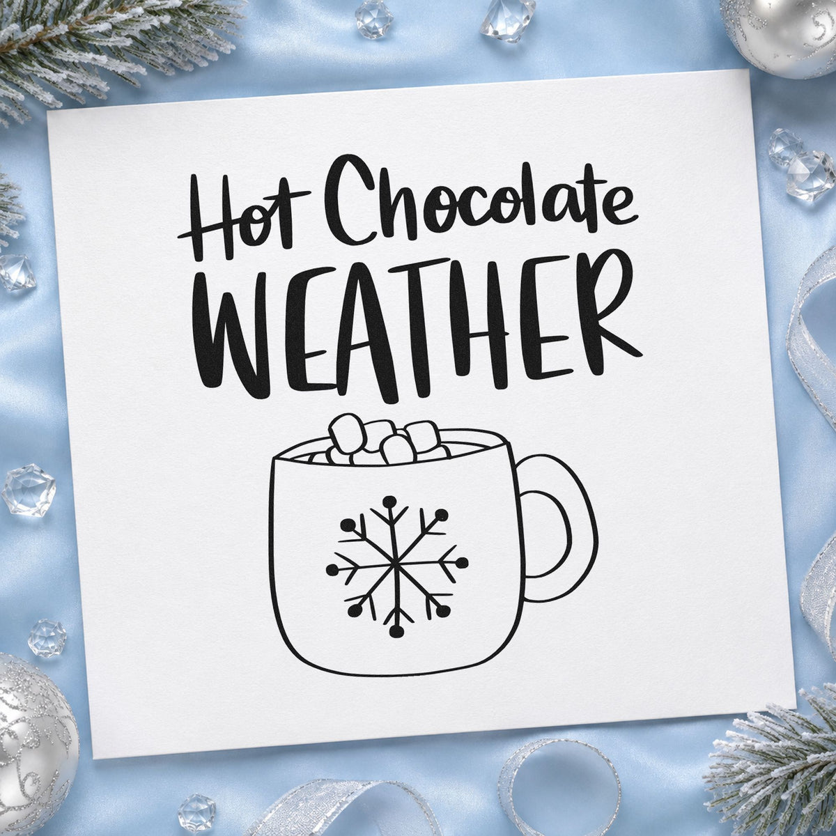 Hot Chocolate Weather Mug rubber stamp printed in black ink, ready for marshmallow mug cards and similar paper crafts.