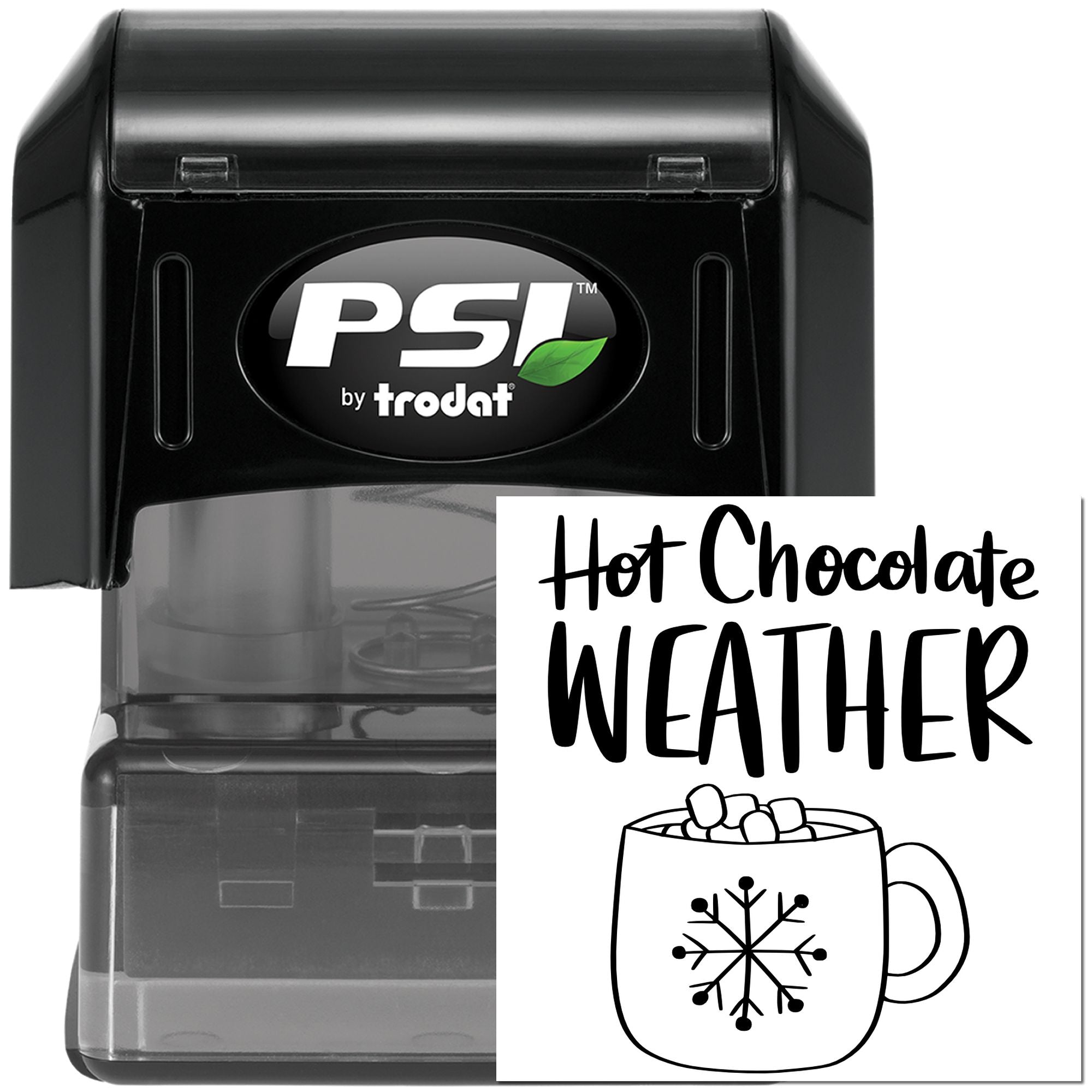 PSI by Trodat custom rubber stamp with Hot Chocolate Weather mug design for winter crafts and cozy drink labels