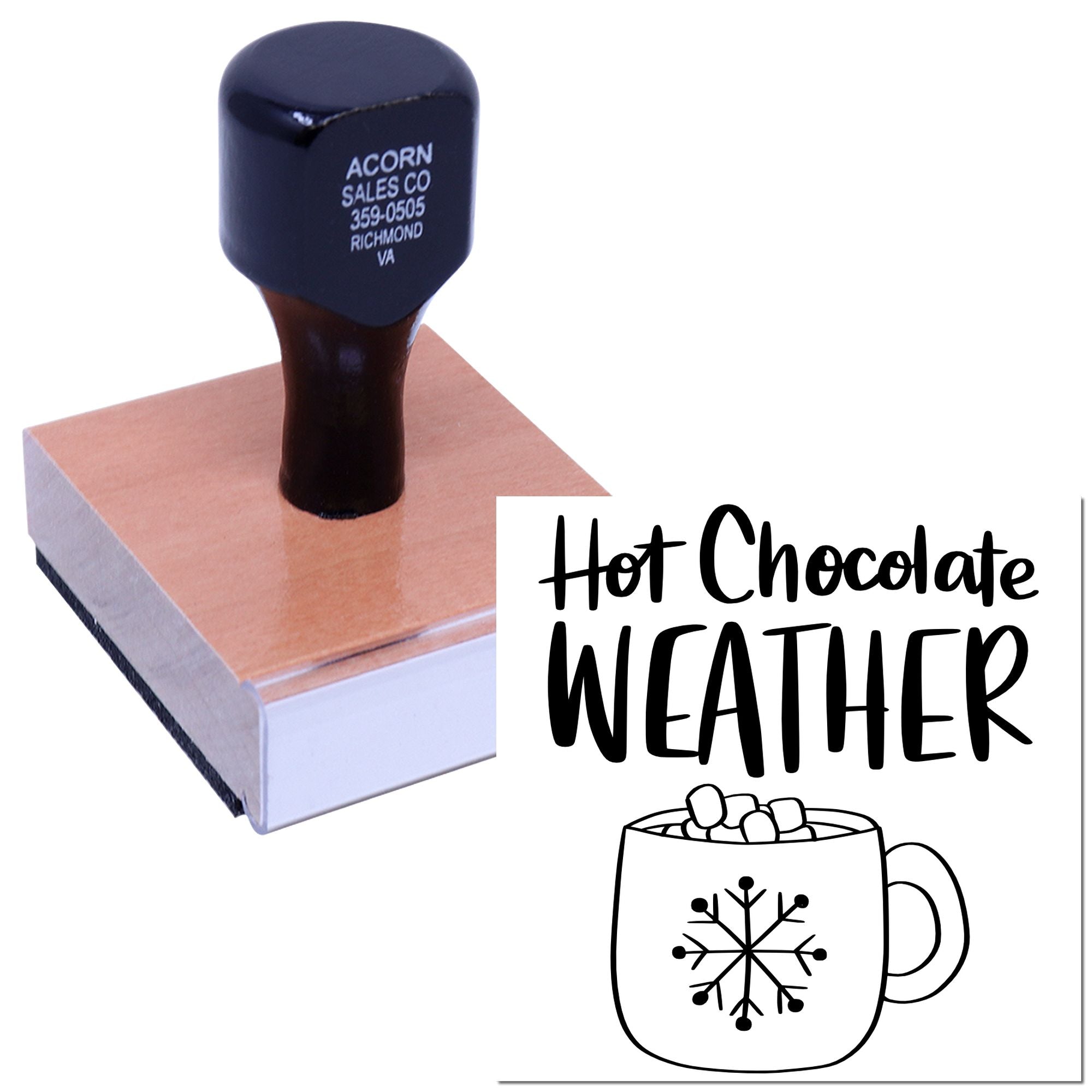 Custom rubber stamp featuring Hot Chocolate Weather text and winter mug icon
