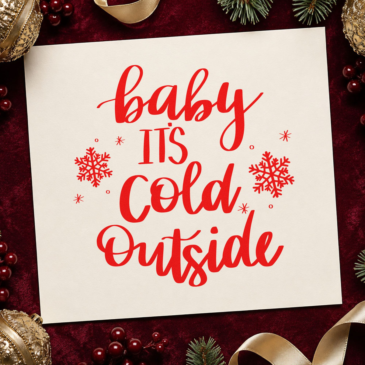 Baby Cold Outside Snowflakes craft stamp in red ink on cardstock, an easy option for mail bag printing.