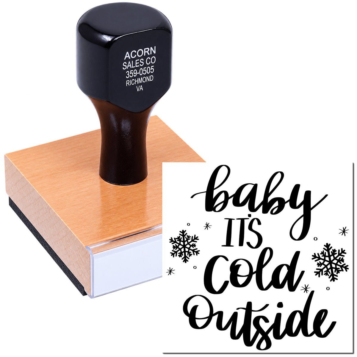 Winter Baby Its Cold Outside custom rubber stamp with snowflakes on a mounted block for card making.