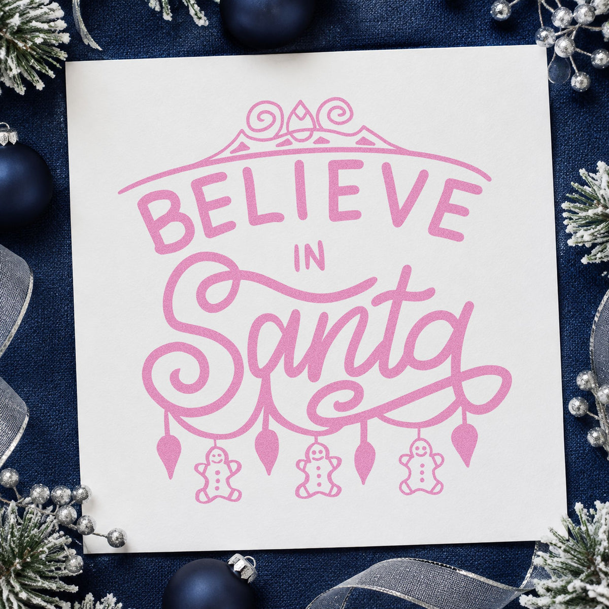 Believe In Santa Ornaments craft stamp in purple ink on cardstock, an easy option for ornament album page.