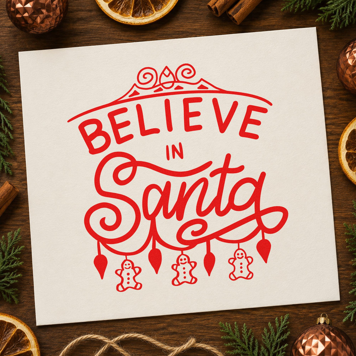 Believe In Santa Ornaments craft stamp in red ink on cardstock, an easy option for felt figure printing.