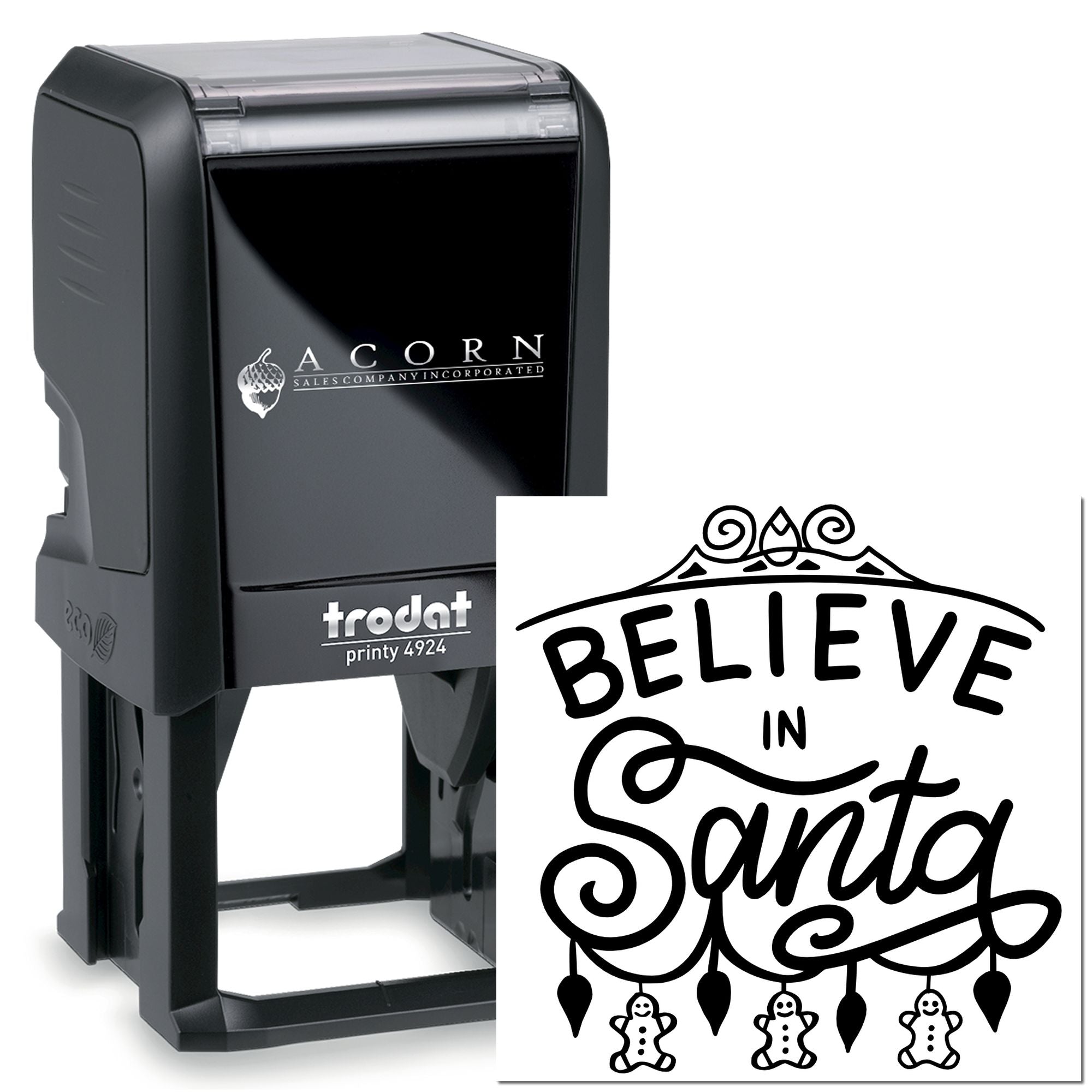 Self-inking rubber stamp with Believe in Santa design, ideal for holiday cards, gift tags, and festive craft projects.