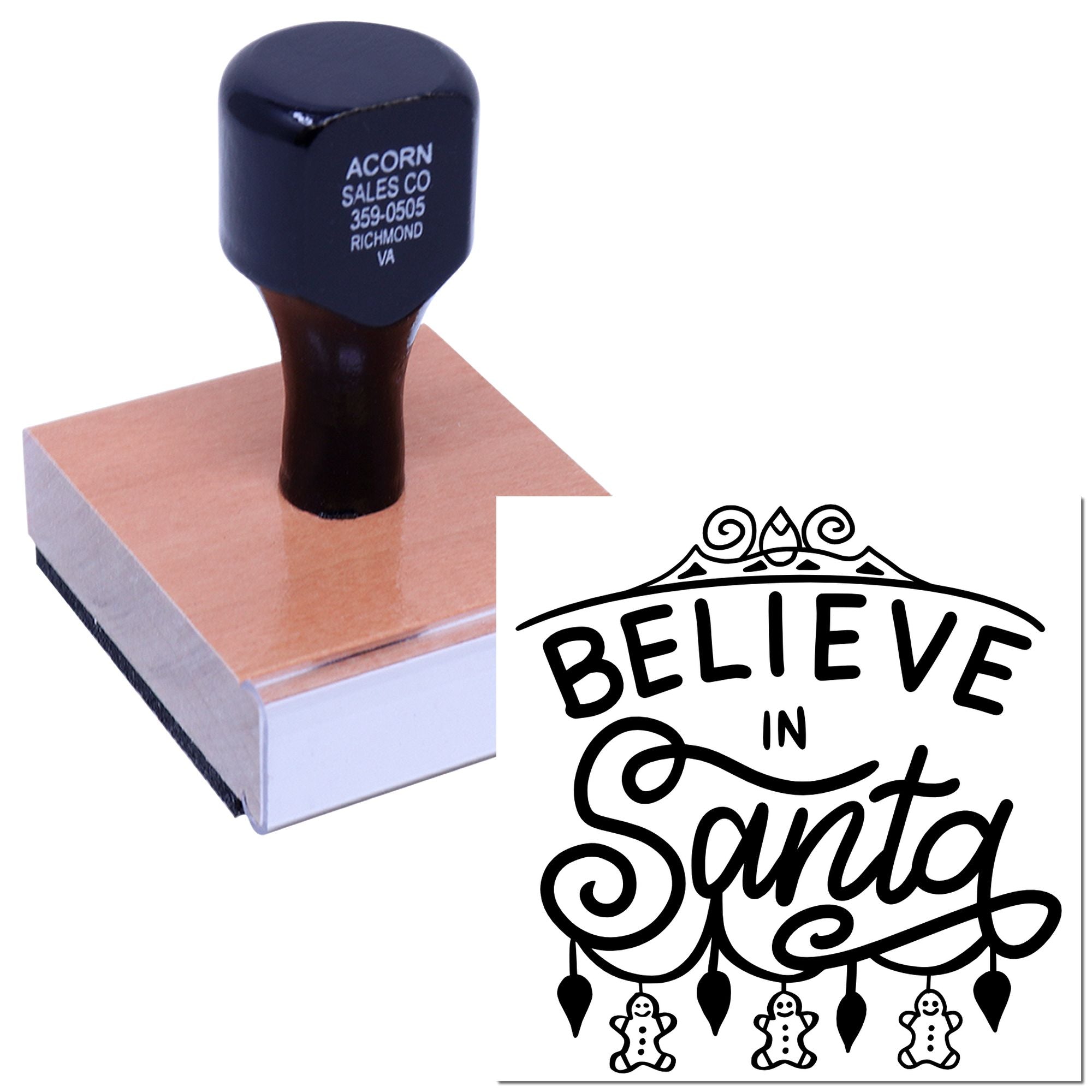 Believe in Santa rubber stamp on wood block, holiday crafting stamp for Christmas cards and festive DIY projects.
