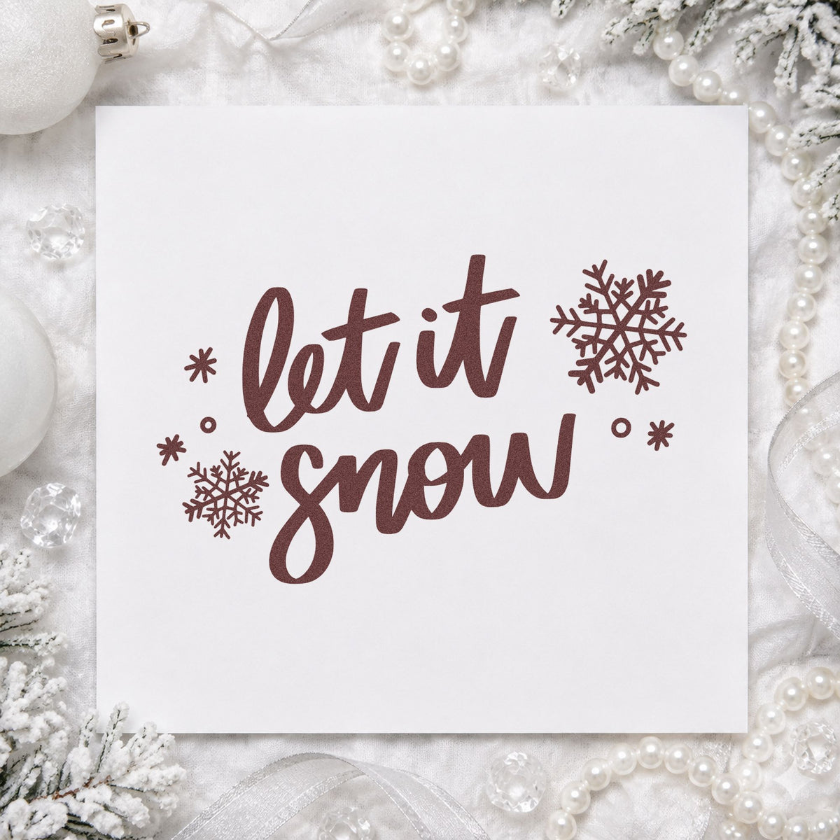 Let It Snow Script Snowflakes rubber stamp printed in brown ink, ready for simple note sheet and similar paper crafts.