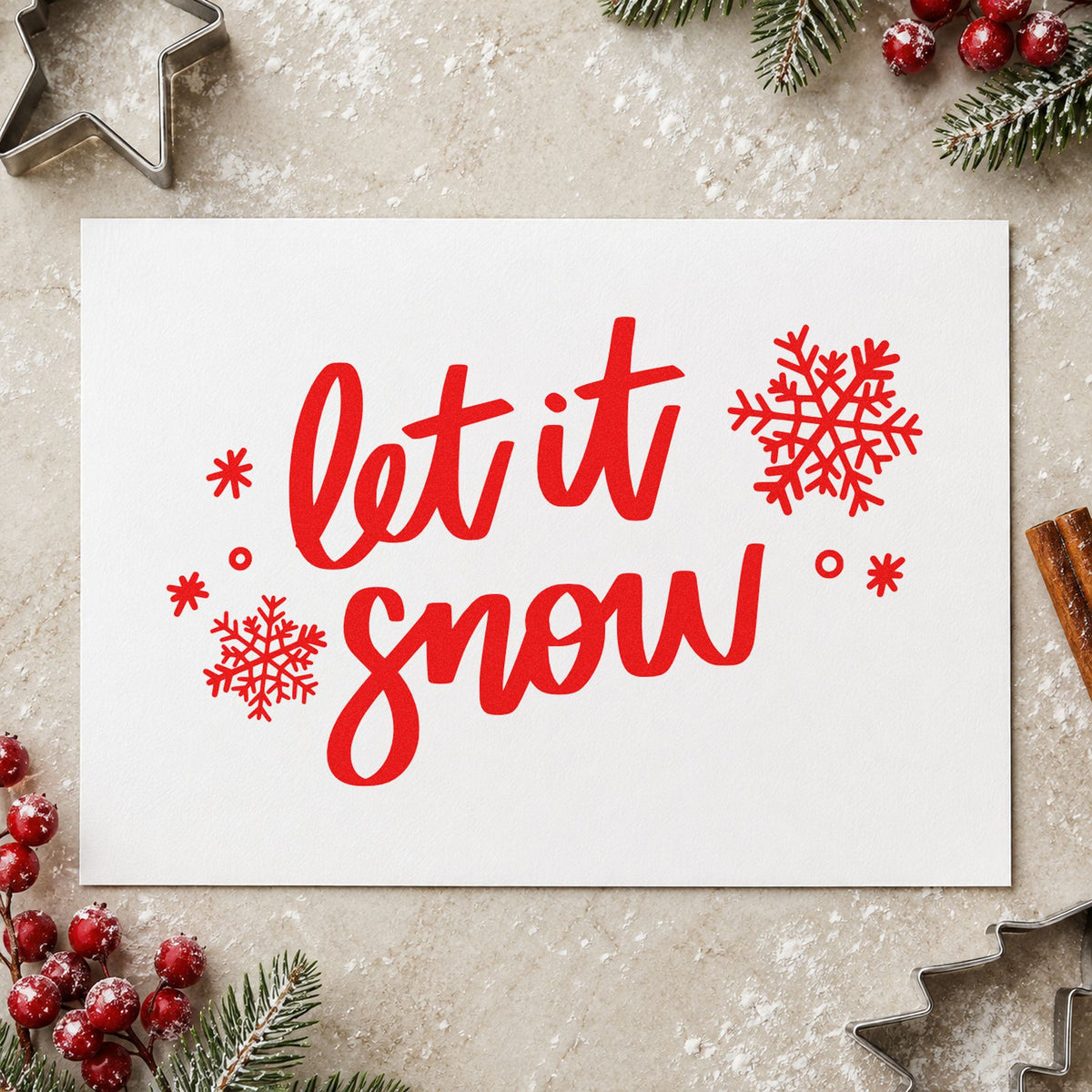 Let It Snow Script Snowflakes rubber stamp shown in red ink, stamped for projects such as jar lid labels.