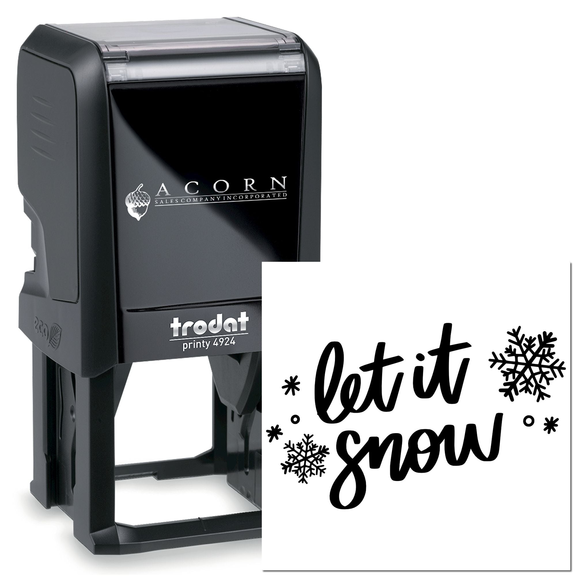 Trodat Printy 4924 custom self-inking rubber stamp with let it snow script and snowflake design for holiday cards.