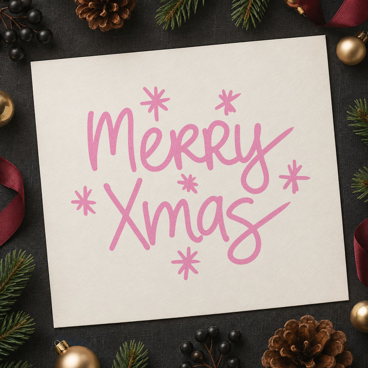 Merry Xmas Starbursts craft stamp in purple ink on cardstock, an easy option for quick album header.