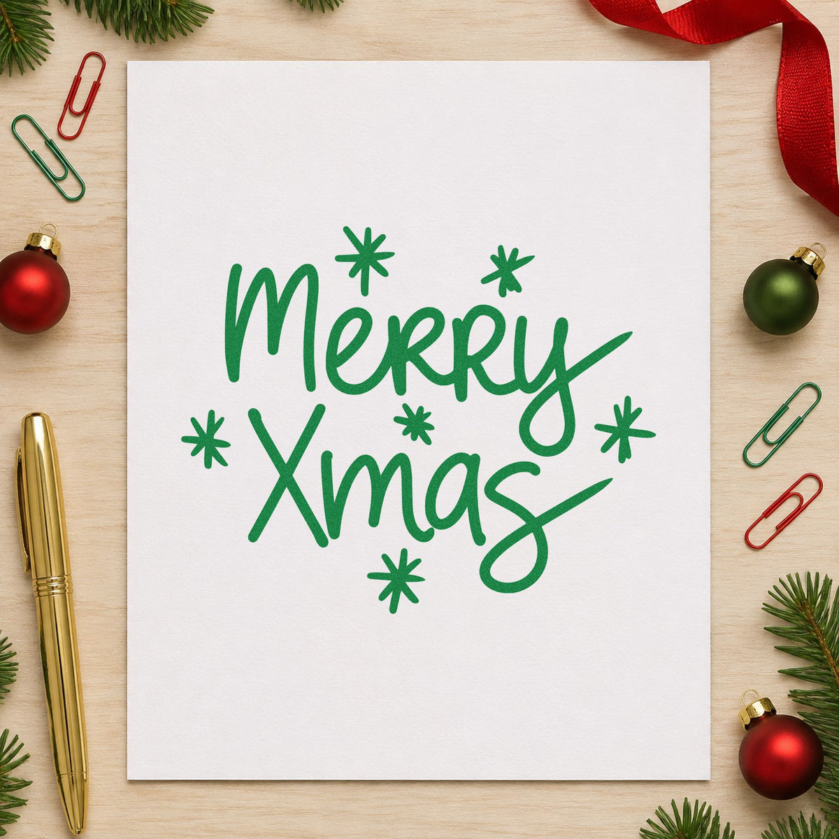 Merry Xmas Starbursts craft stamp imprint in green ink on a handmade project, one idea being casual party cards.