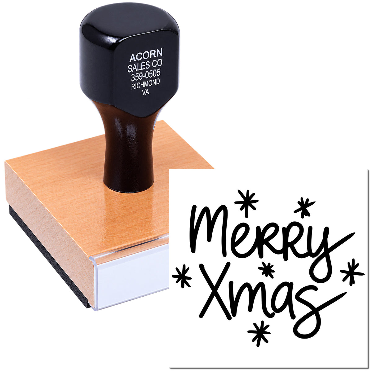 Custom Merry Xmas rubber stamp on wood block for holiday card making and festive Christmas crafting.
