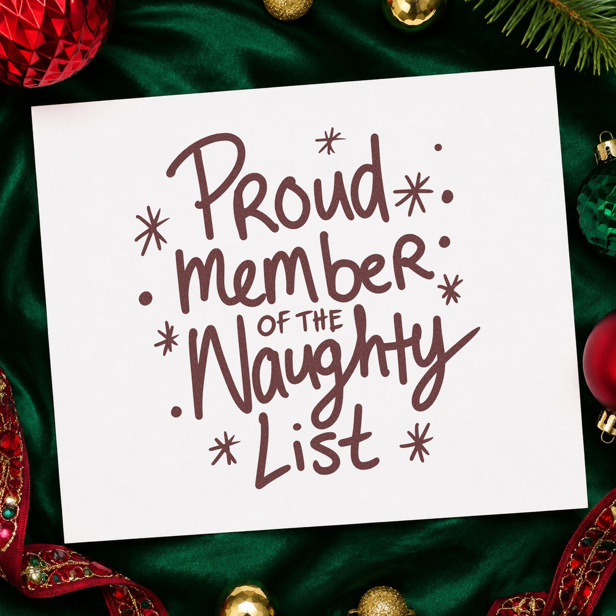 Proud Naughty List Member rubber stamp printed in brown ink, ready for roster list sheet and similar paper crafts.