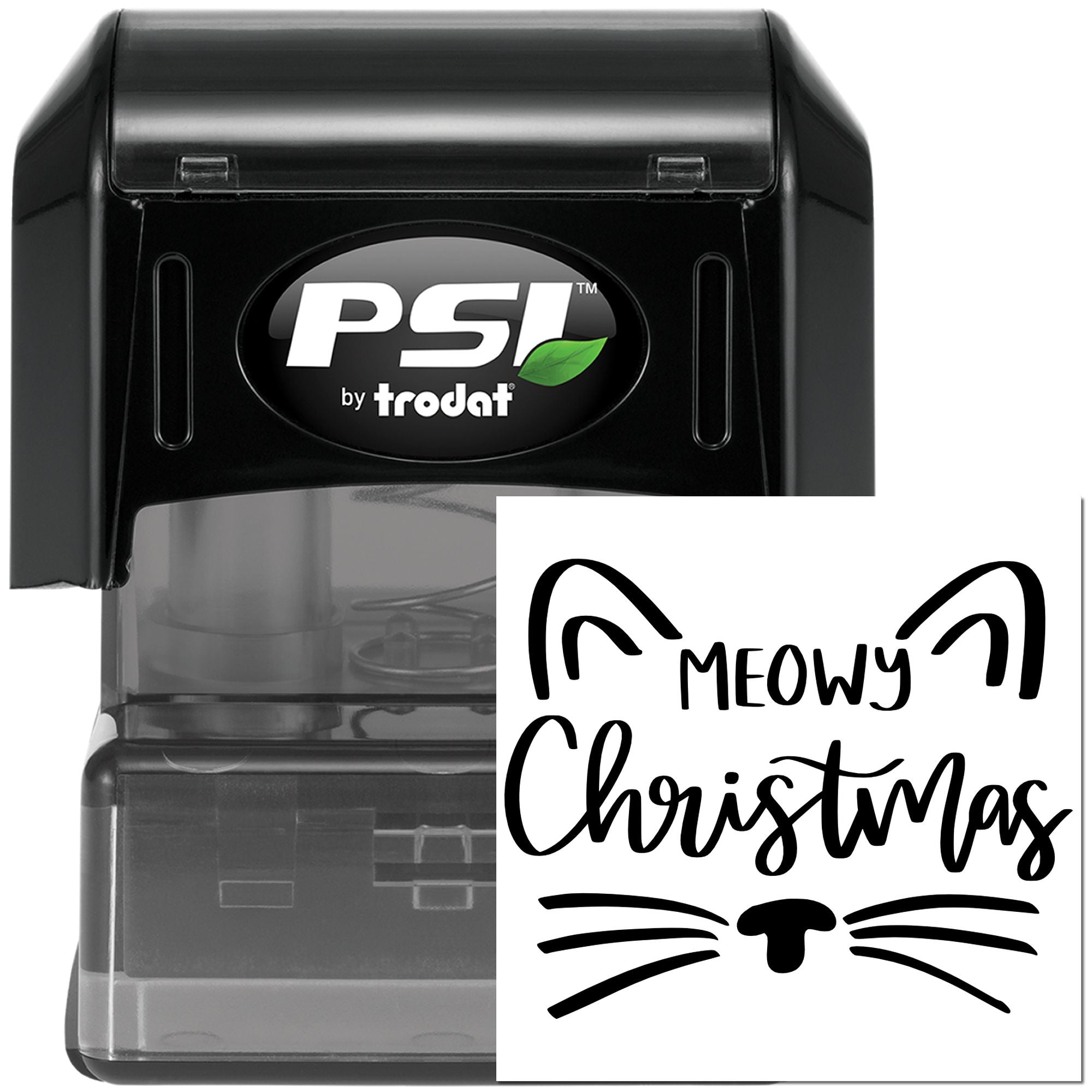 Custom self-inking rubber stamp with Meowy Christmas cat design, PSI by Trodat, ideal for holiday cards and crafts.