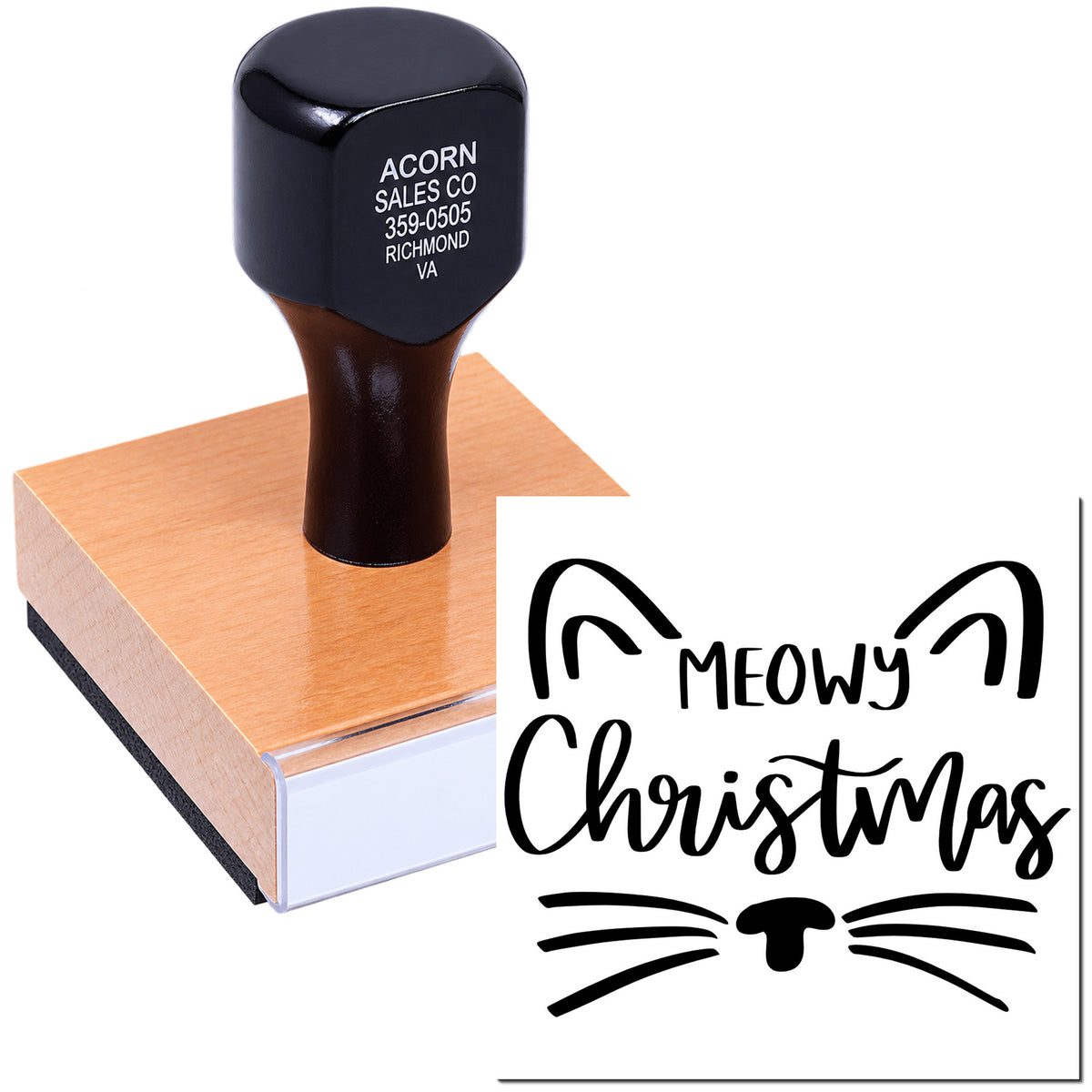 Custom rubber stamp with Meowy Christmas cat design for holiday card making and festive pet-themed crafts.