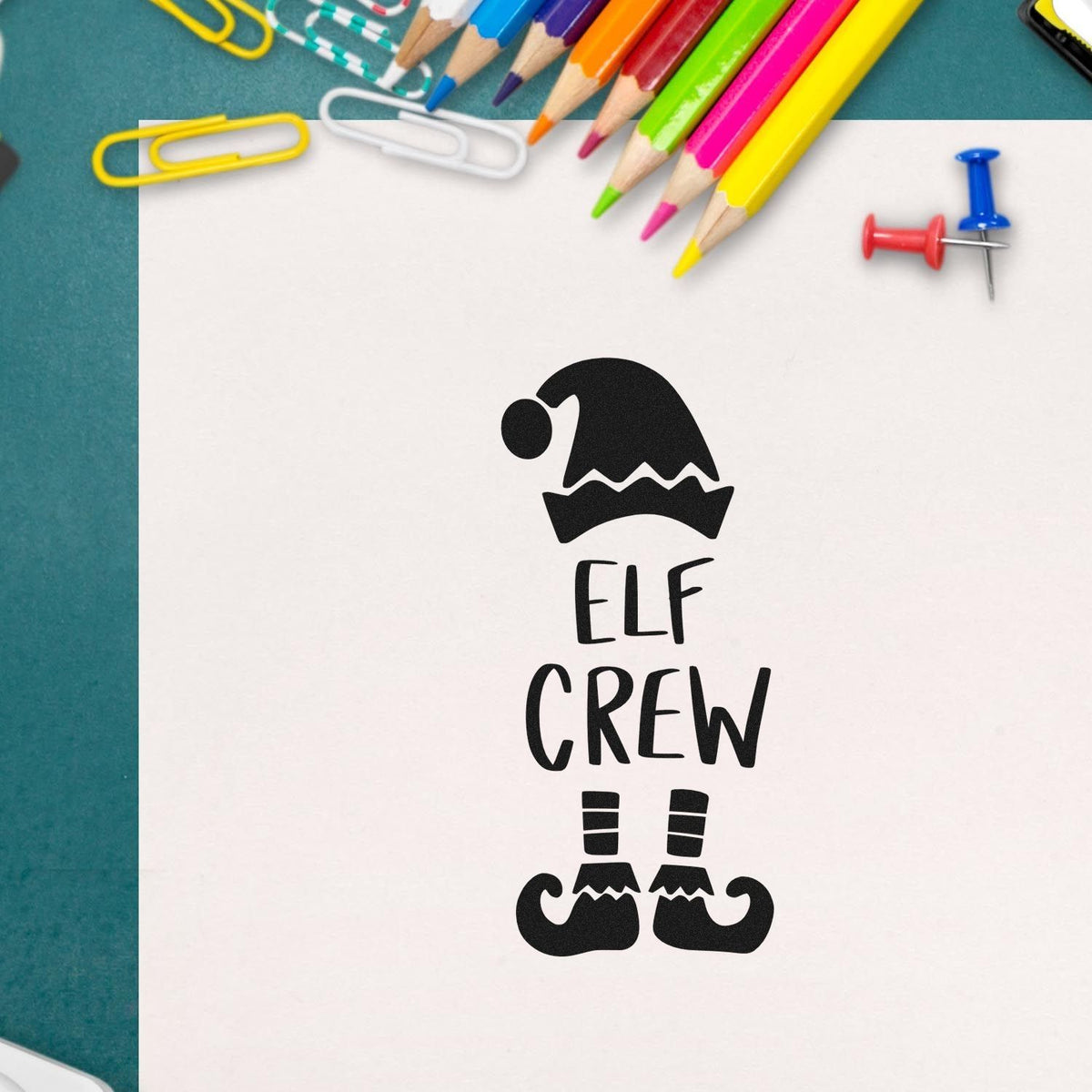 Elf Crew Hat And Shoes Premium Wood-Mounted Stamp - Vintage Pro imprint stamped in black ink. The words "Elf crew" appear between a pointed elf hat and striped legs with curled shoes.