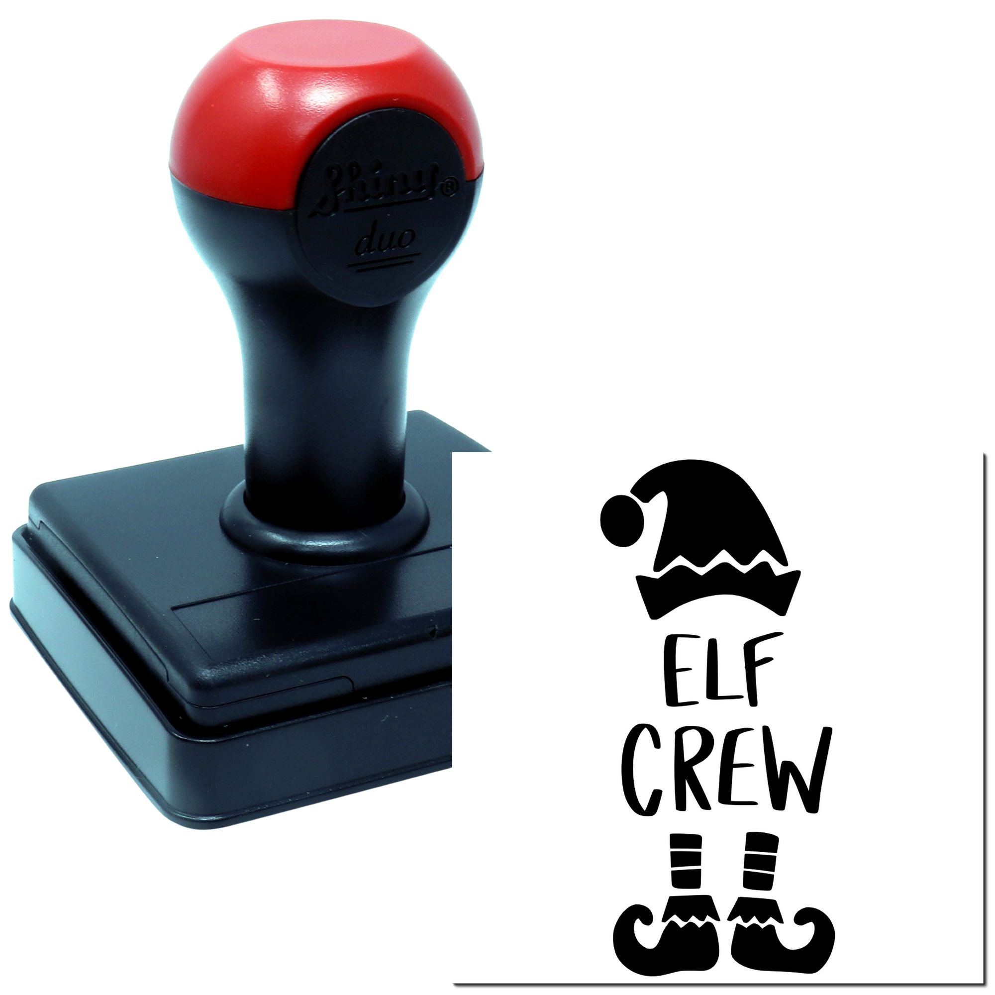 Custom self-inking rubber stamp with Elf Crew design for holiday crafts, packaging, and festive branding.