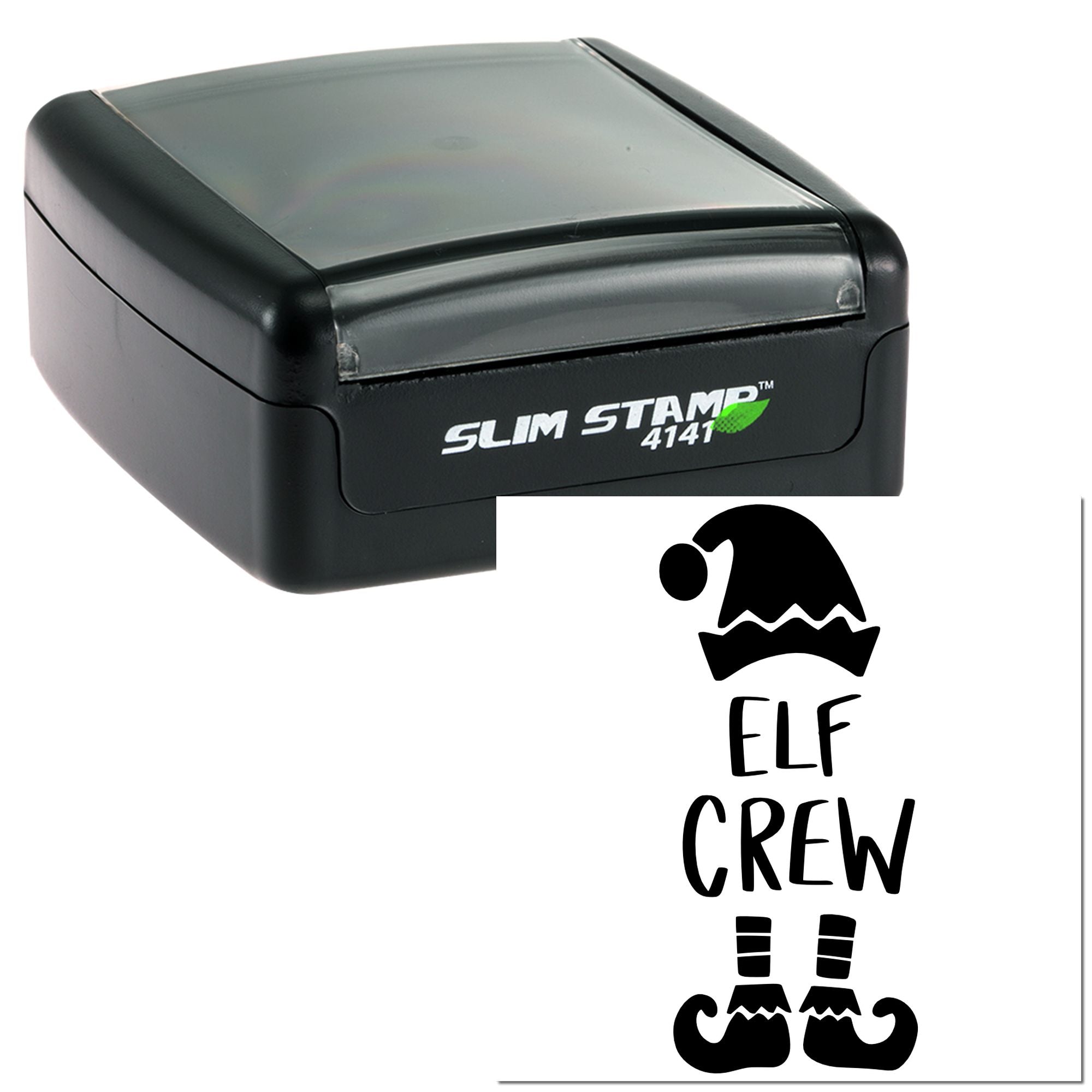 Custom self-inking rubber stamp with Elf Crew design for holiday packaging, cards, and gift tags.