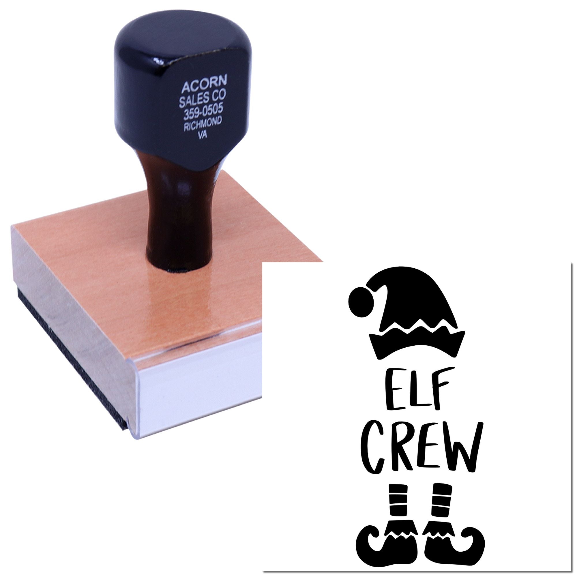 Custom rubber stamp with Elf Crew holiday logo, showing an elf hat and boots design for festive branding.