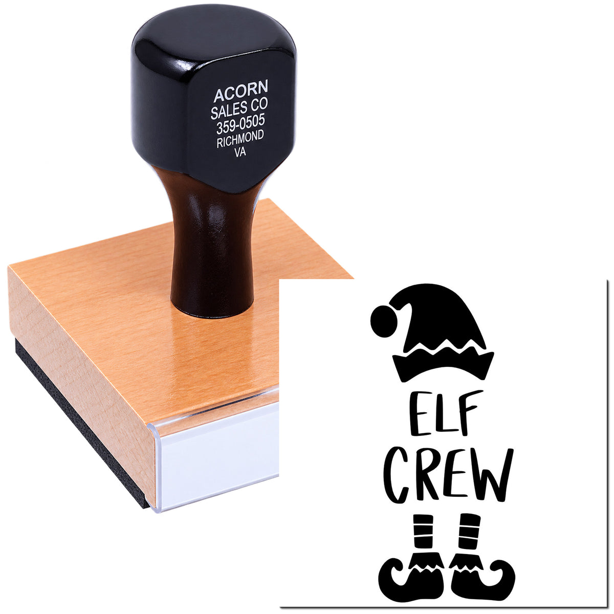 Custom rubber stamp with Elf Crew holiday logo, showing an elf hat and boots design for festive branding.