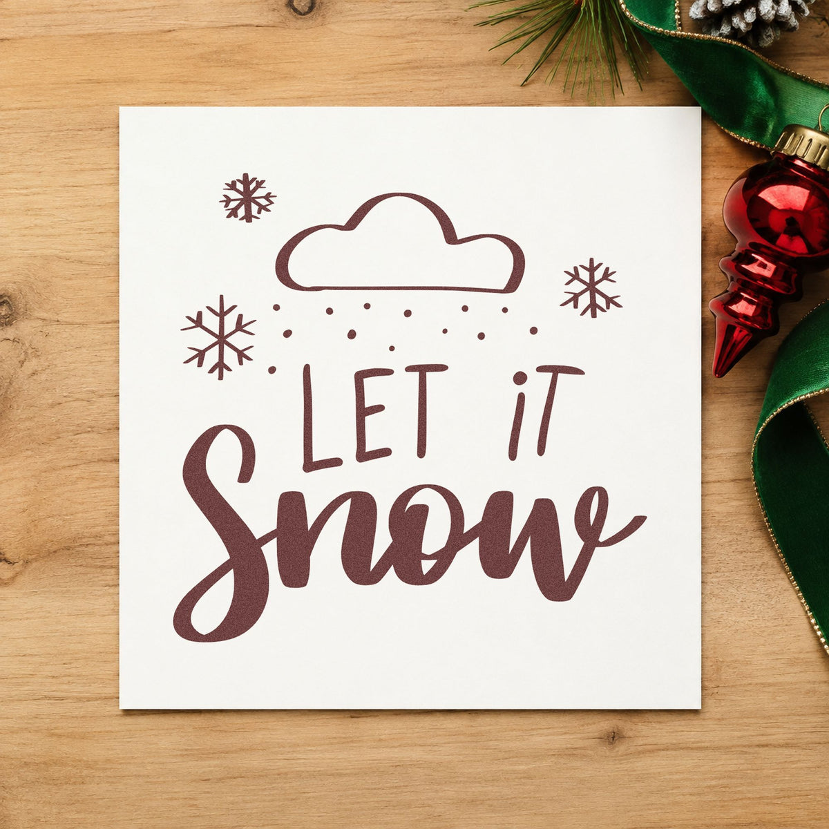 Let It Snow Cloud rubber stamp printed in brown ink, ready for snowfall log sheet and similar paper crafts.