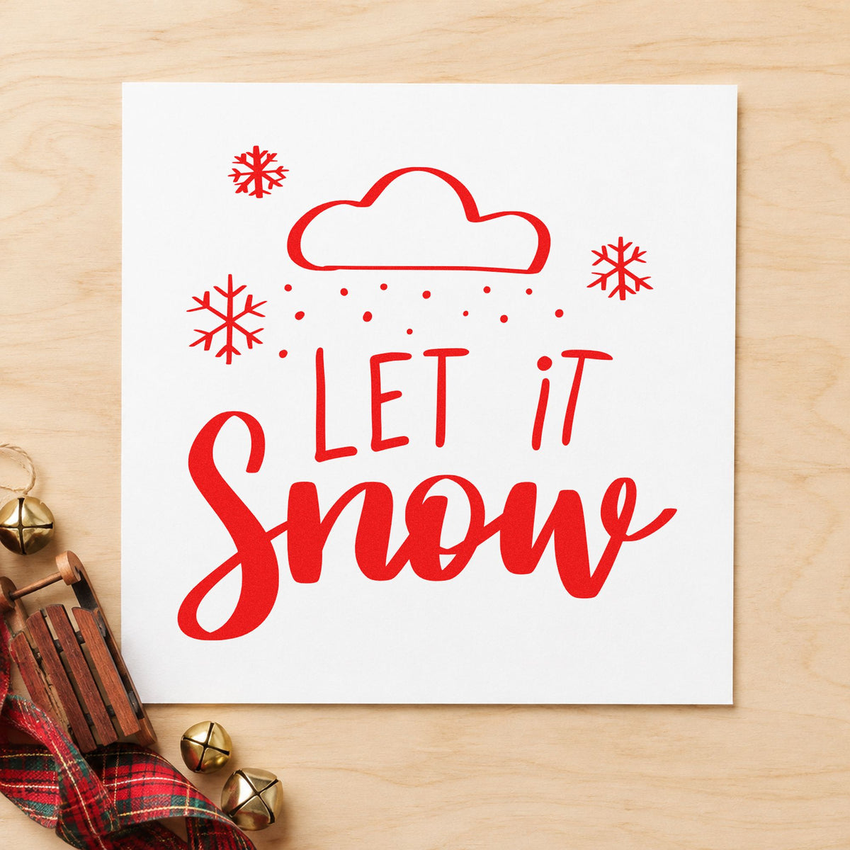 Let It Snow Cloud craft stamp in red ink on cardstock, an easy option for window valance ink.