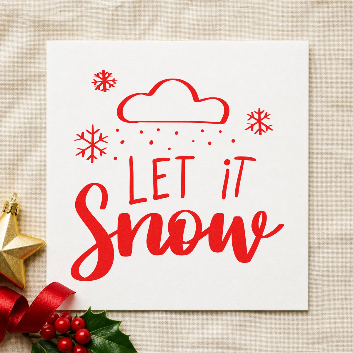 Let It Snow Cloud rubber stamp shown in red ink, stamped for projects such as gauge bin labels.