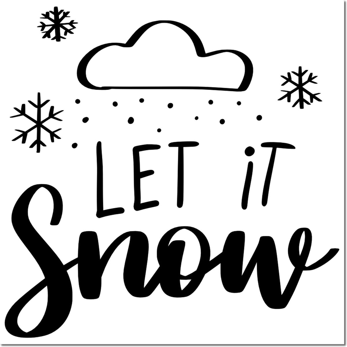 Let It Snow winter rubber stamp design with cloud, snowflakes, and falling snow for holiday cards and crafts.