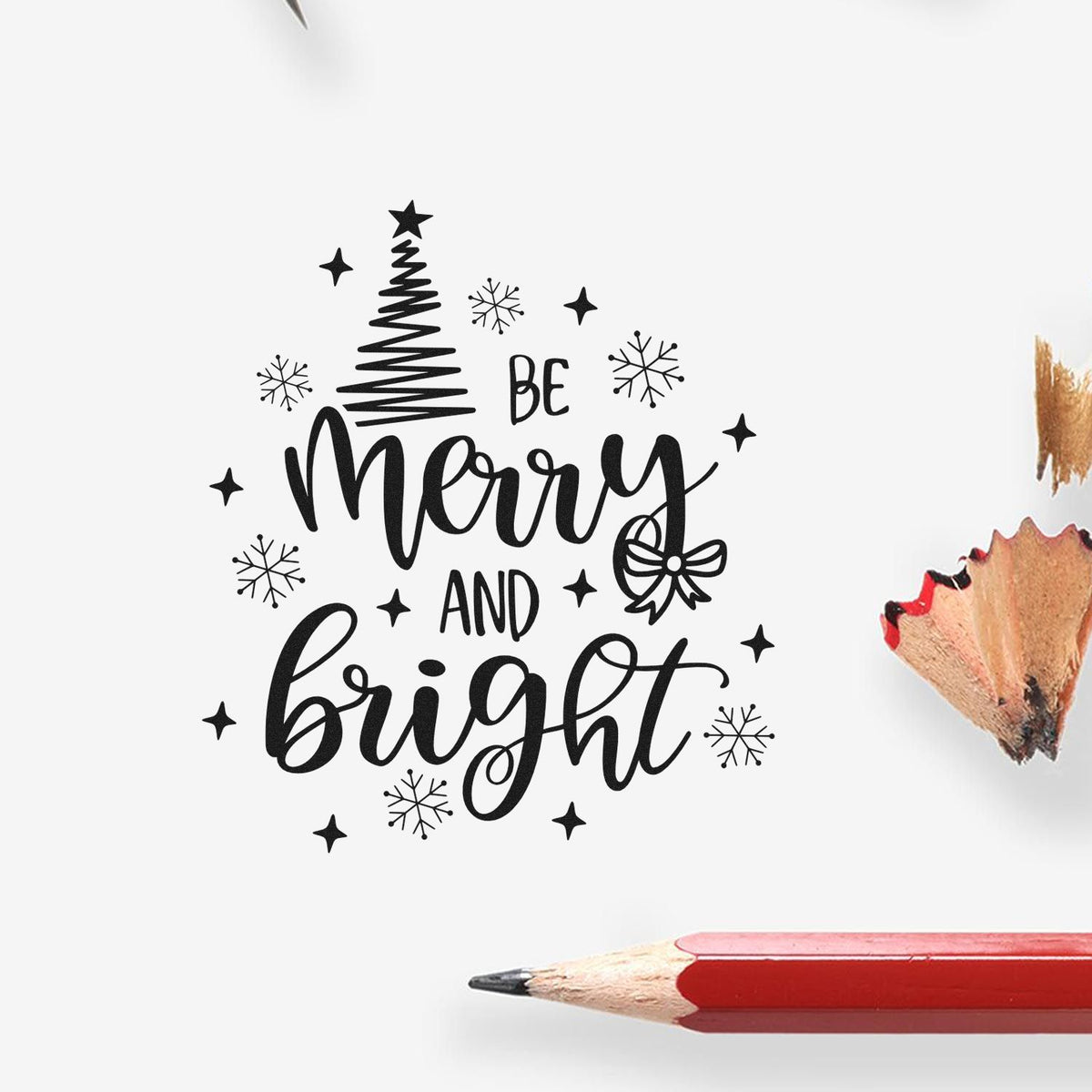 Be Merry And Bright Tree Premium Wooden Stamp - Vintage Pro imprint stamped in black ink. The words "Be merry and bright" appear with a sketchy Christmas tree, bow, snowflakes, and stars.