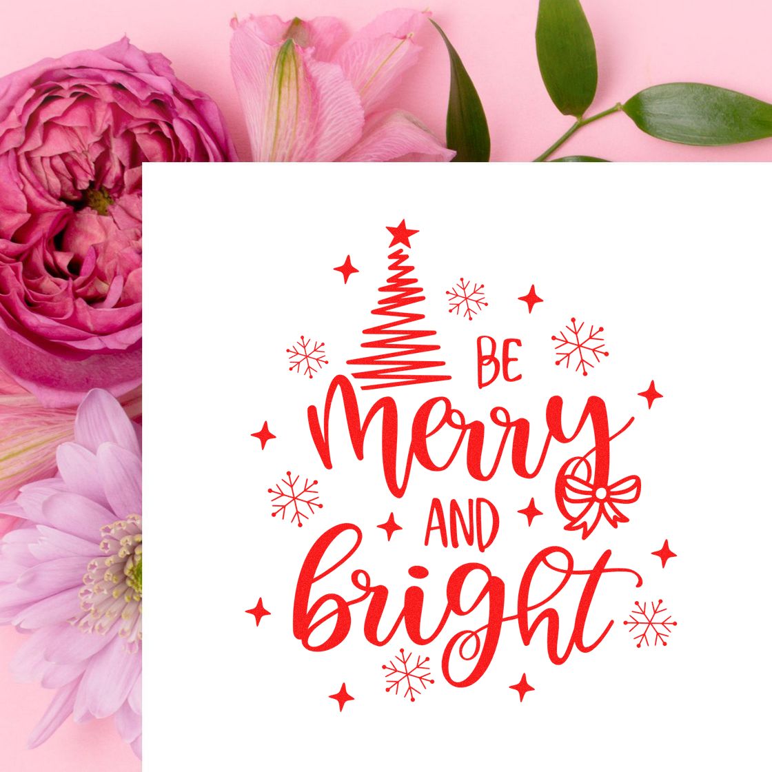 Be Merry And Bright Tree rubber stamp shown in red ink, stamped for projects such as sketchbook album page.