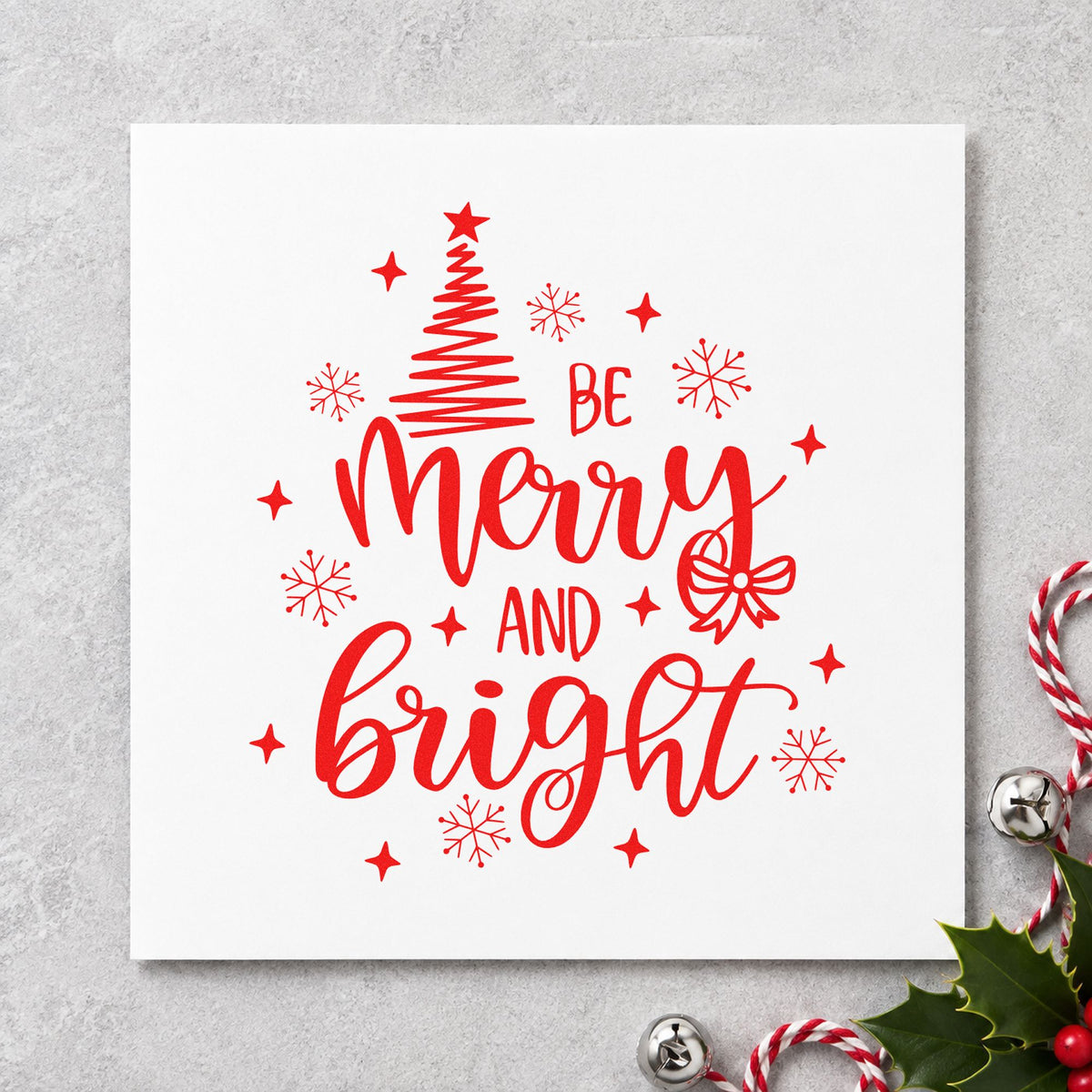 Be Merry And Bright Tree craft stamp in red ink on cardstock, an easy option for canvas pouch printing.