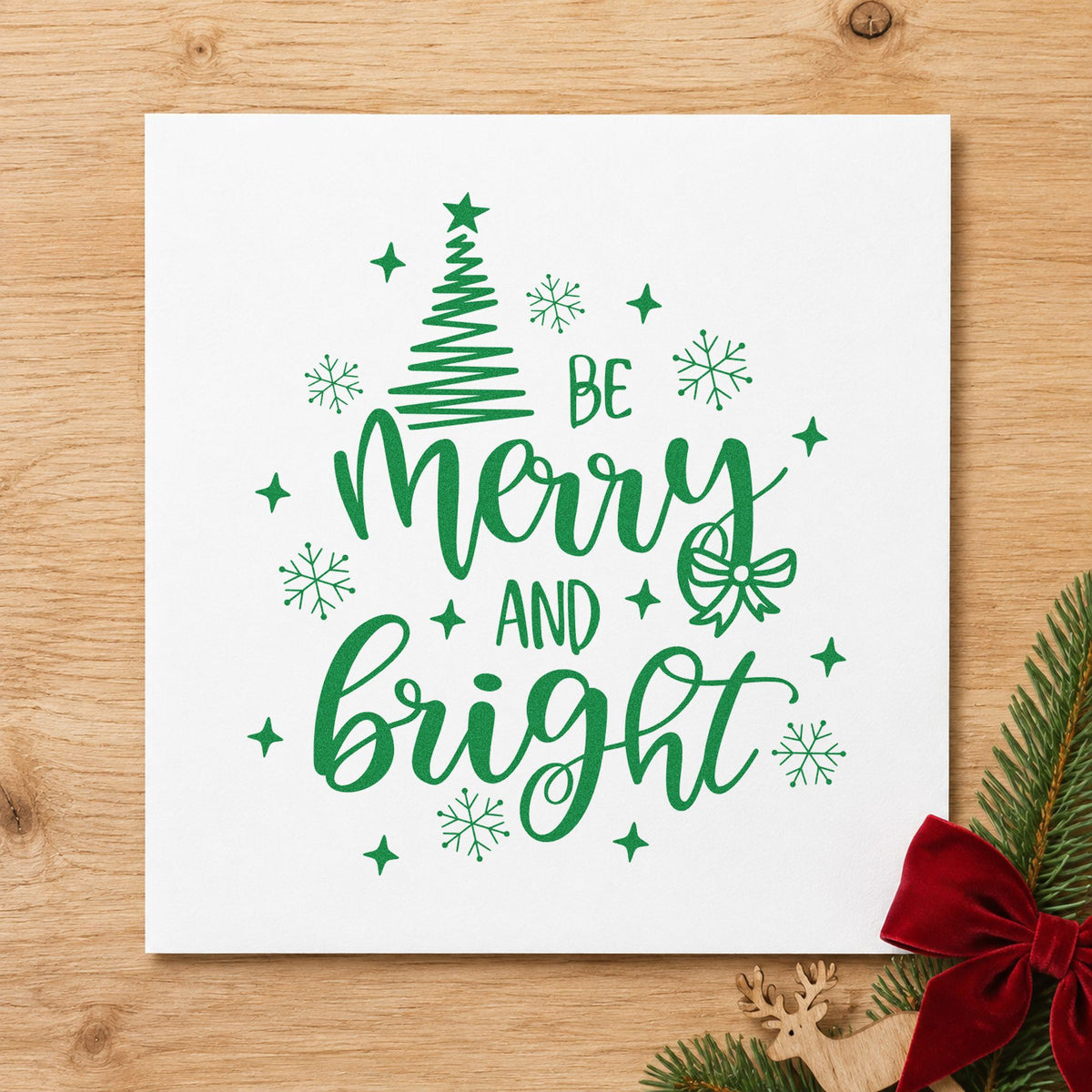 Be Merry And Bright Tree craft stamp imprinted in green ink on paper, a design suited to framed studio nook.
