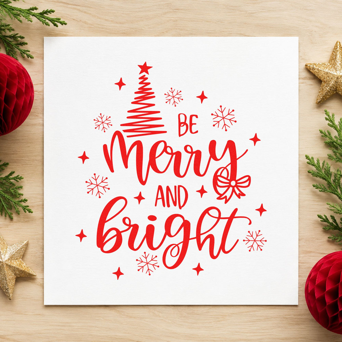 Be Merry And Bright Tree rubber stamp shown in red ink, stamped for projects such as pencil tin labels.
