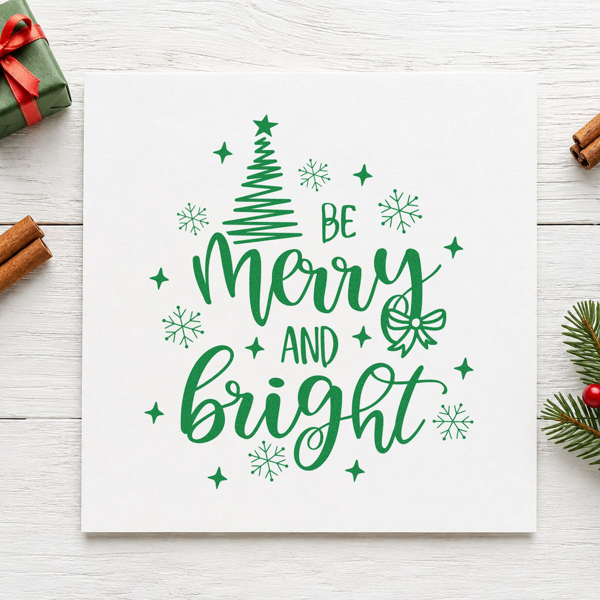 Be Merry And Bright Tree craft stamp imprint in green ink on a handmade project, one idea being class prompt cards.