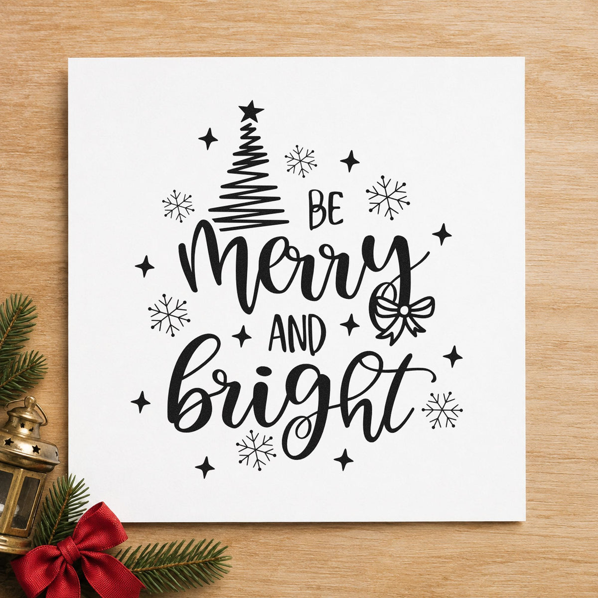 Be Merry And Bright Tree rubber stamp printed in black ink, ready for sketchy line cards and similar paper crafts.