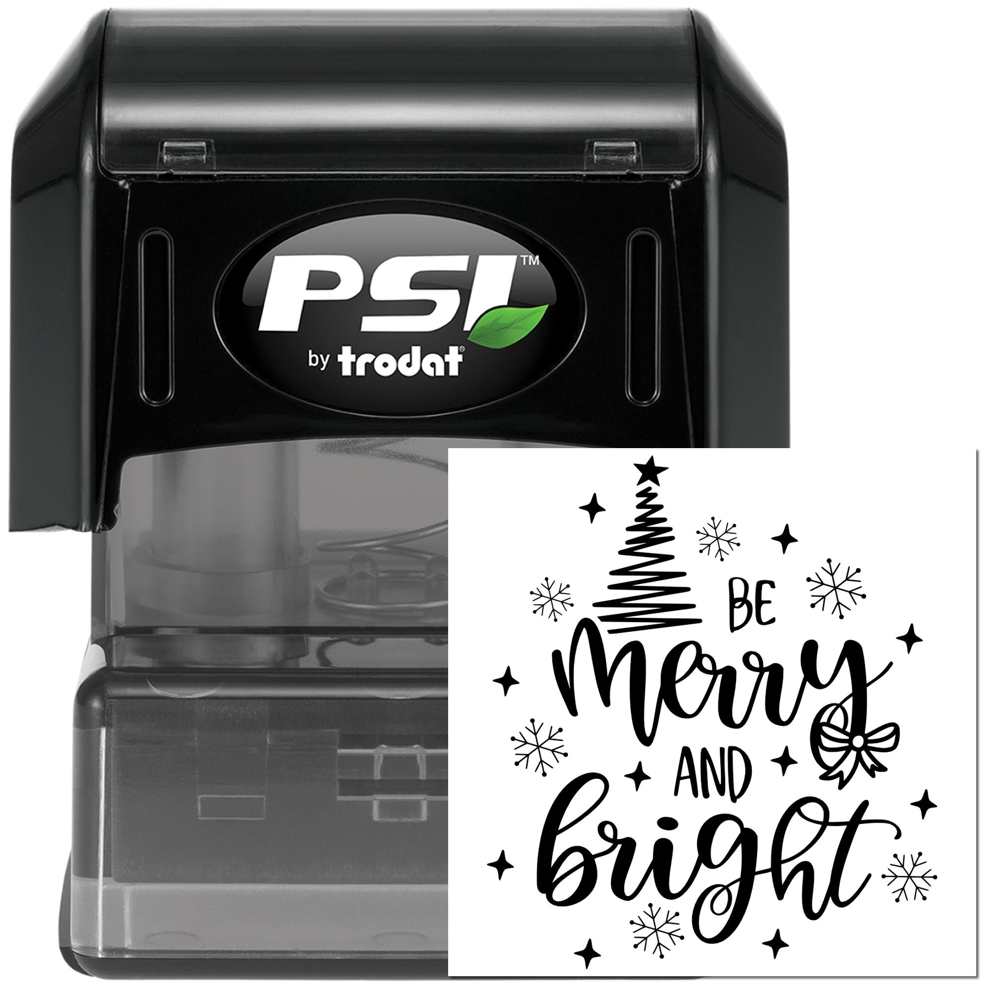 PSI by Trodat self-inking rubber stamp with Be Merry and Bright Christmas design for holiday cards, crafts, and gift tags.