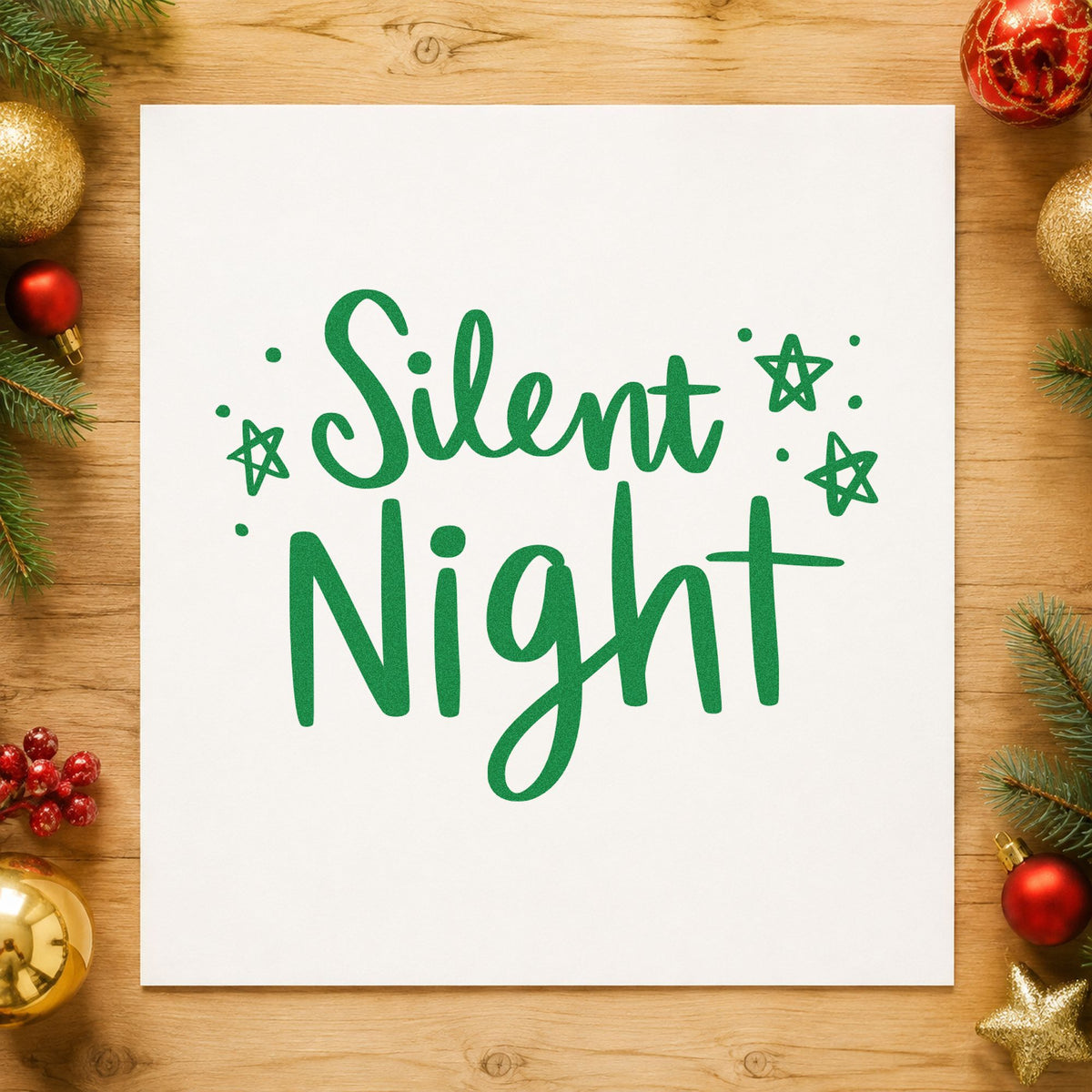 Silent Night Hand Lettering craft stamp imprint in green ink on a handmade project, one idea being star chart gift tags.