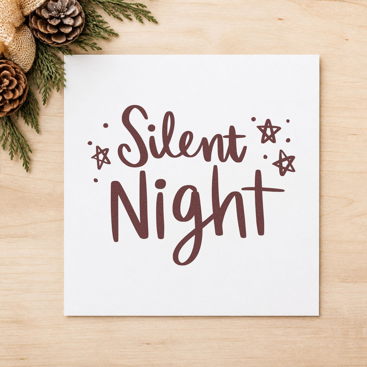 Silent Night Hand Lettering rubber stamp printed in brown ink, ready for observation log sheet and similar paper crafts.