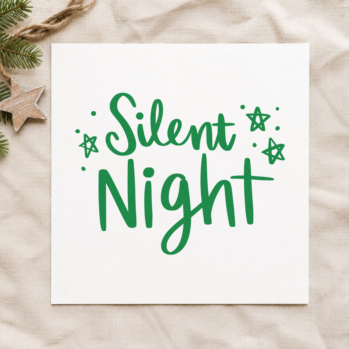 Silent Night Hand Lettering craft stamp imprinted in green ink on paper, a design suited to framed ceiling view.