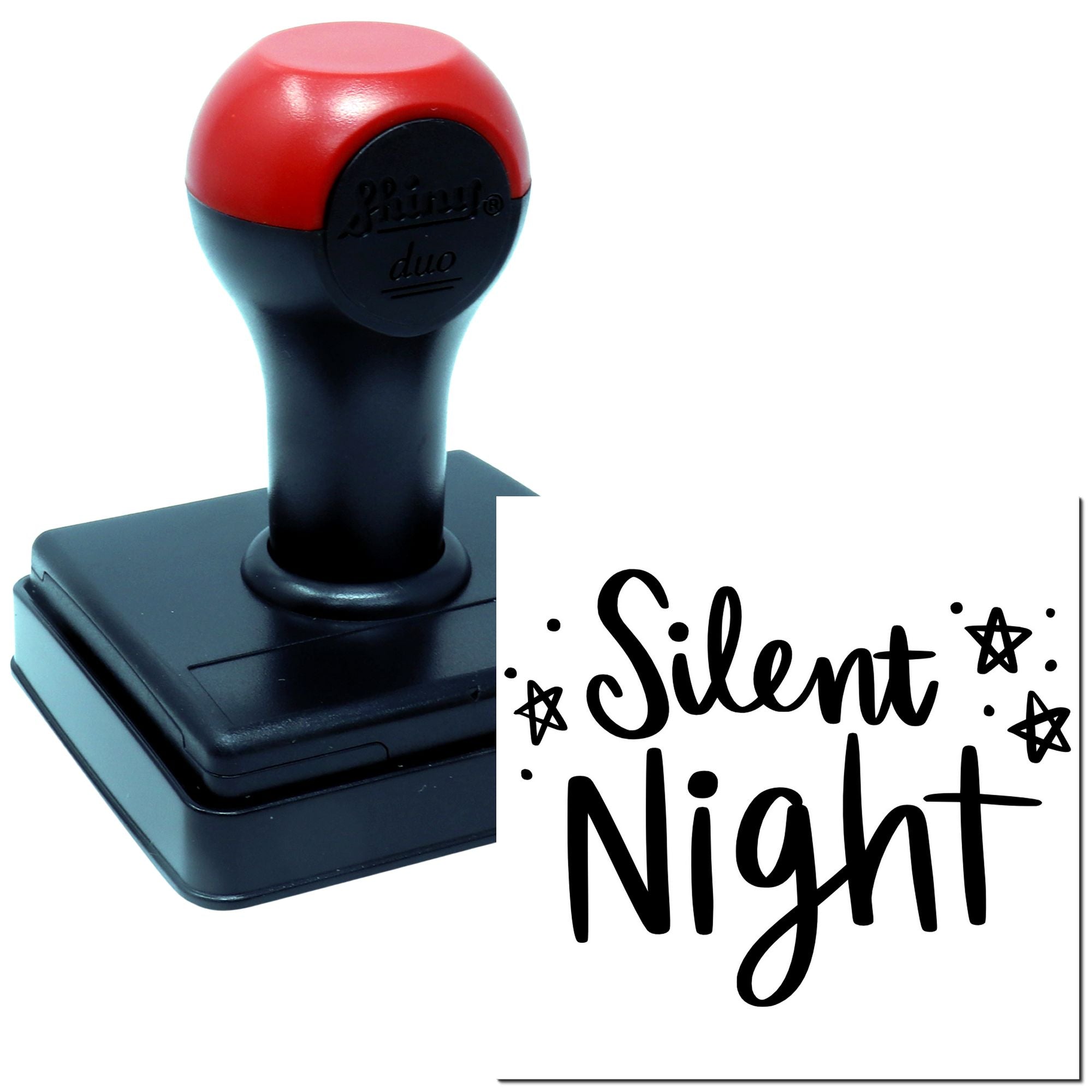Self-inking rubber stamp with Silent Night design and stars for holiday cards, crafts, and custom stamping.