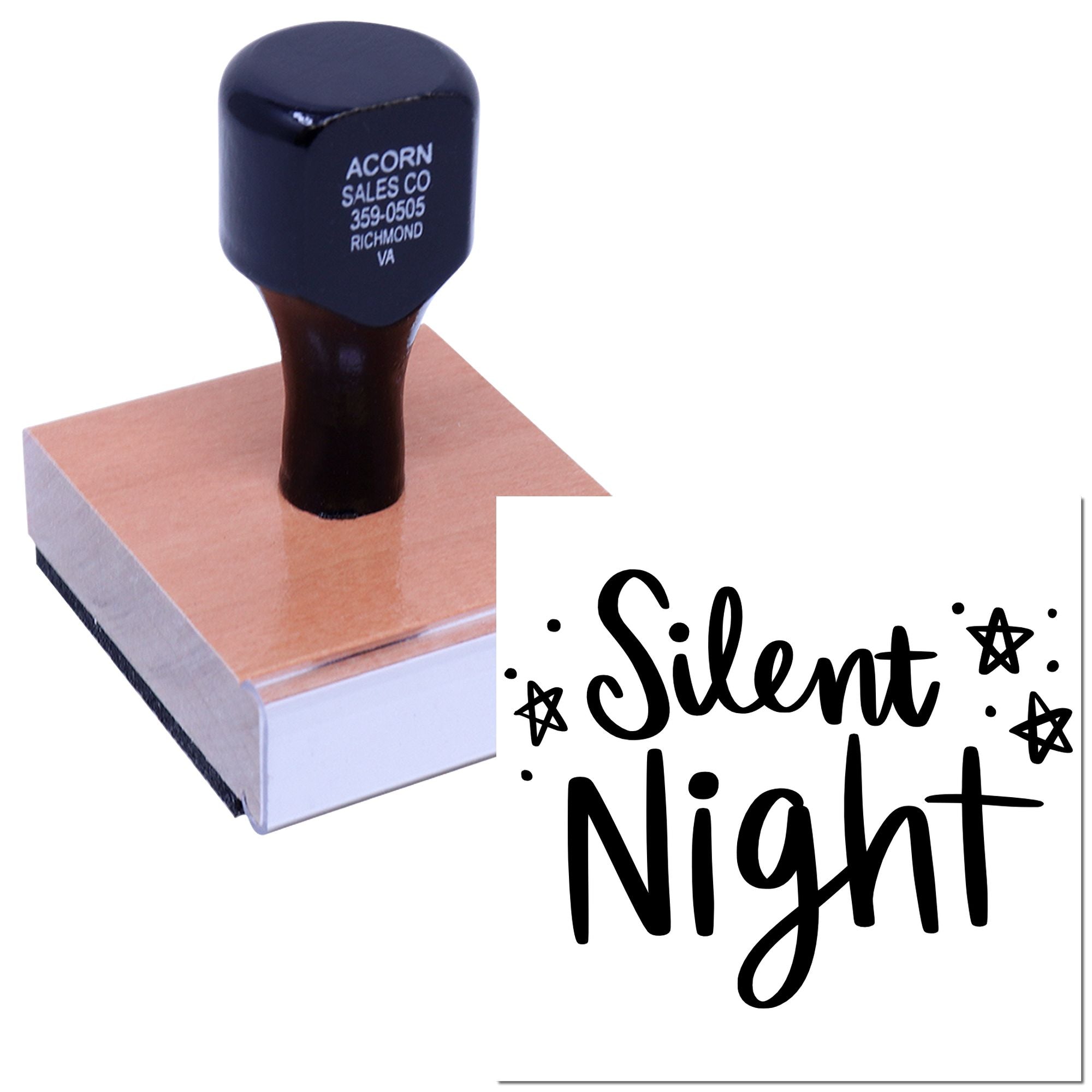 Custom Silent Night rubber stamp for holiday cards, crafts, and festive stationery with star accents.