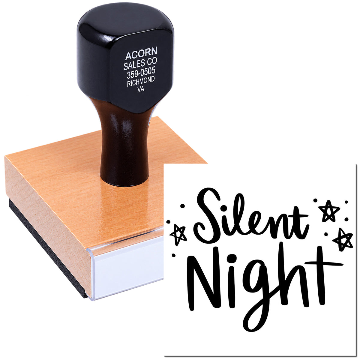 Custom Silent Night rubber stamp for holiday cards, crafts, and festive stationery with star accents.