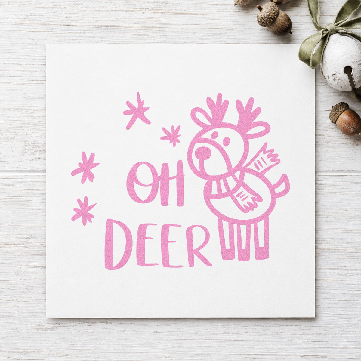 Oh Deer Cartoon Reindeer craft stamp in purple ink on cardstock, an easy option for story album page.