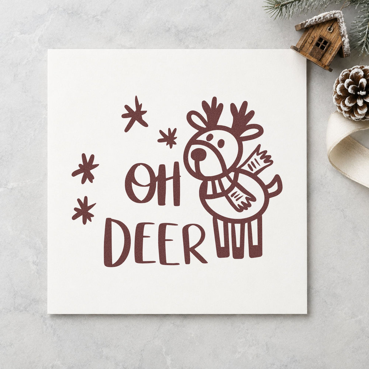Oh Deer Cartoon Reindeer rubber stamp printed in brown ink, ready for sticker chart sheet and similar paper crafts.