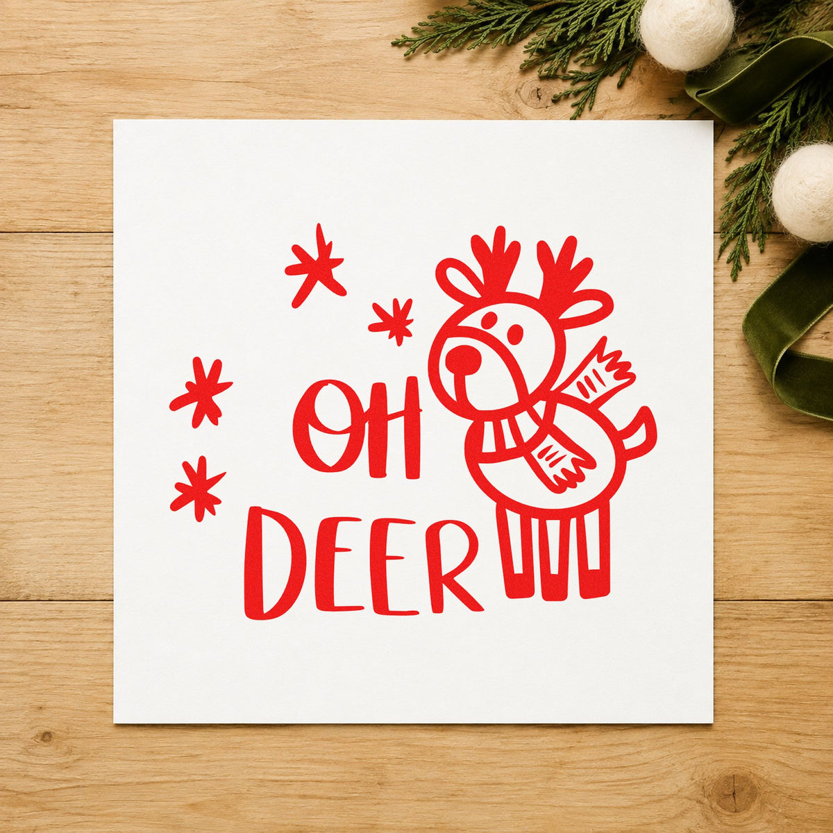 Oh Deer Cartoon Reindeer craft stamp in red ink on cardstock, an easy option for scarf end printing.