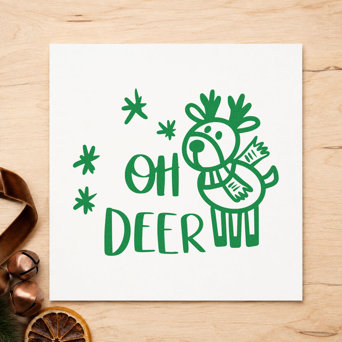 Oh Deer Cartoon Reindeer craft stamp imprinted in green ink on paper, a design suited to framed bunk rail.